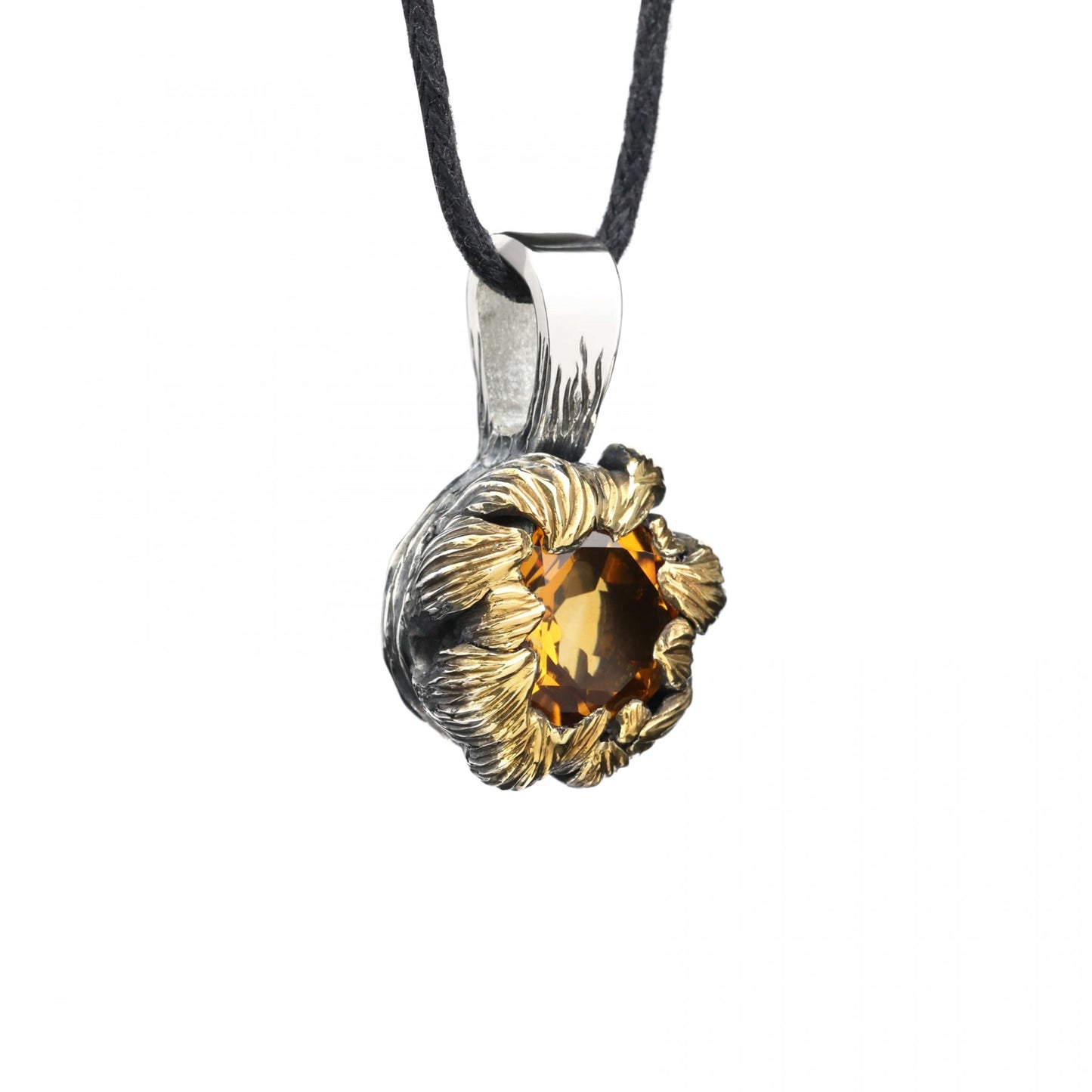 Golden Bloom pendant with citrine gemstone and silver petals, symbolizing nature's elegance and vitality.