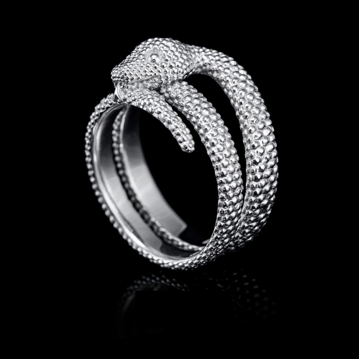 Serpent Symphony ring in 14K white gold with snake motif, symbolizing transformation and renewal, on a black background.