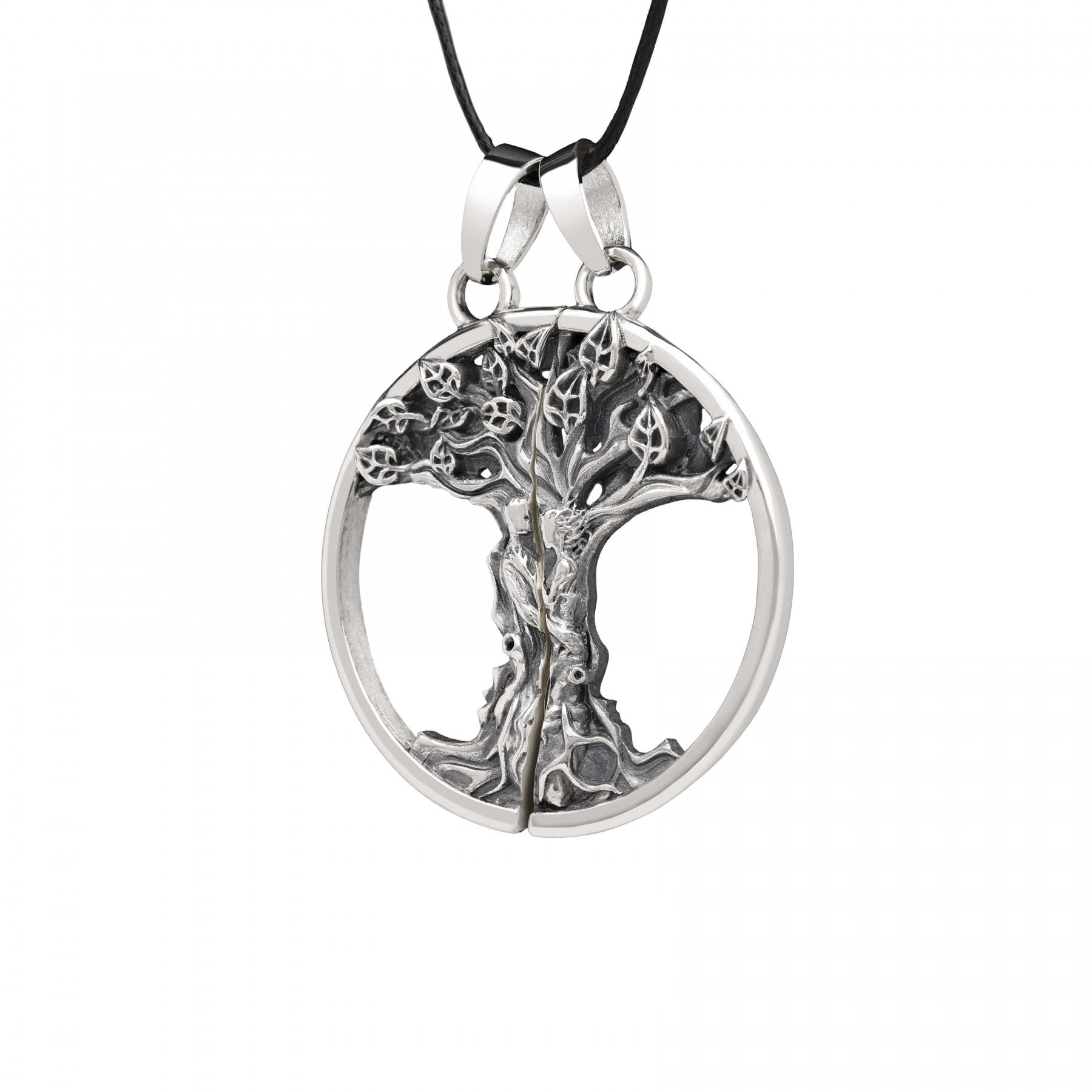 Double Pendant "Primal Bond" in oxidized sterling silver with unique tree design on double discs, symbolizing connection and love.