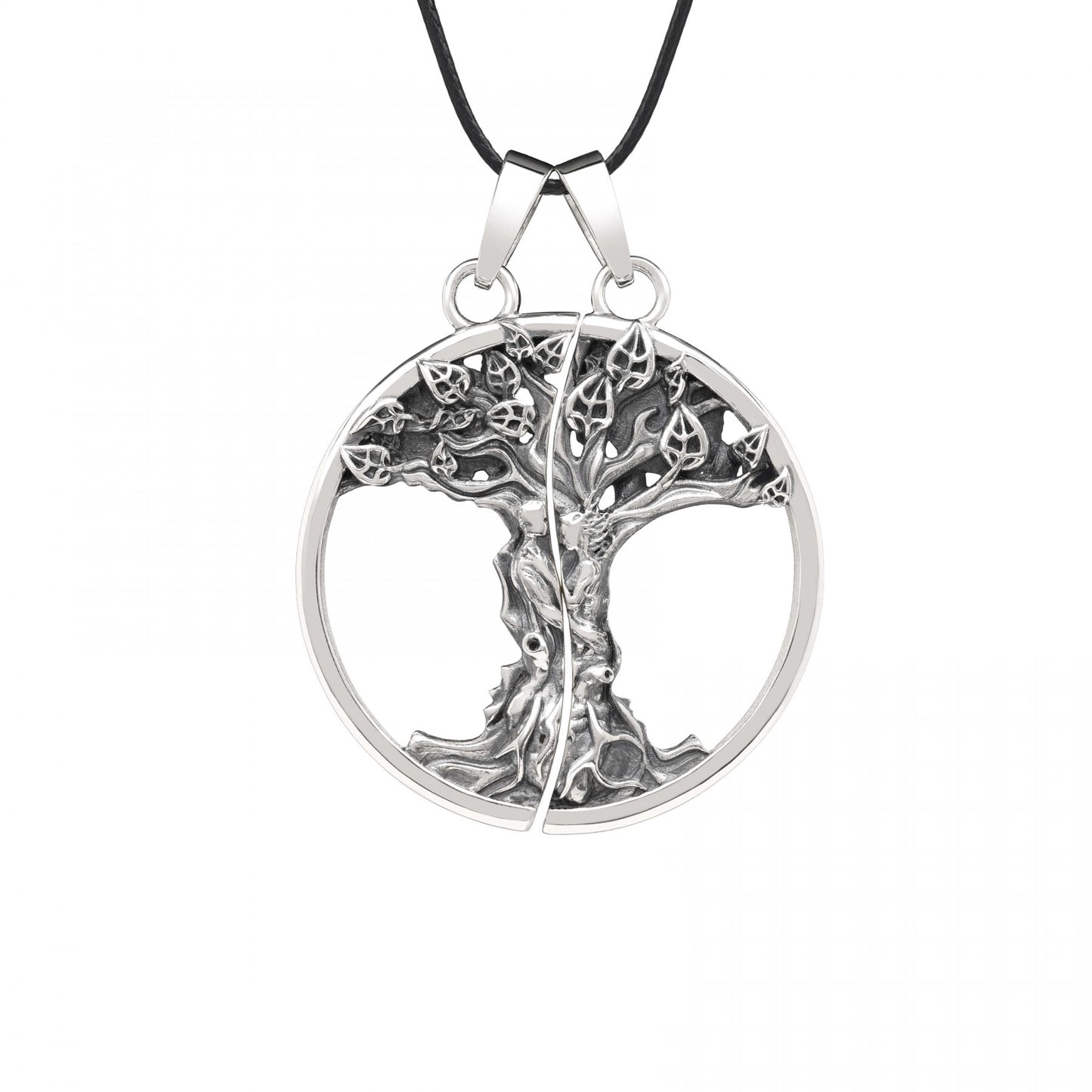 Double Pendant "Primal Bond" in oxidized sterling silver with intricate tree design, symbolizing connection and timeless love.