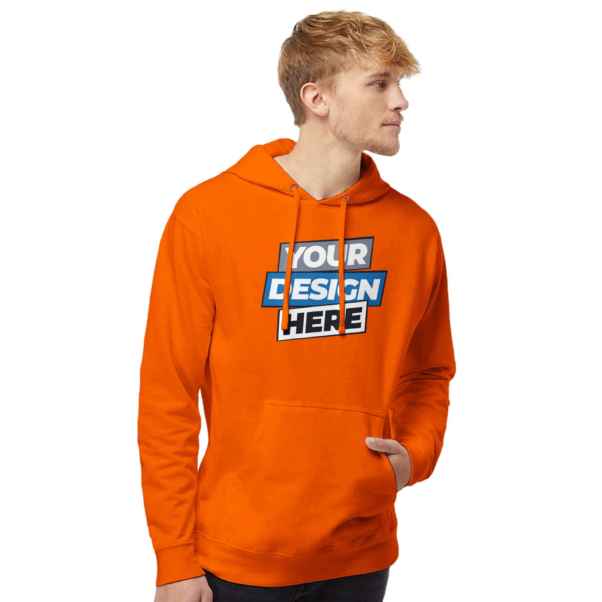 Model wearing orange Vardelux Midweight Hoodie with custom design, showcasing streetwear style and cozy fit ideal for layering.