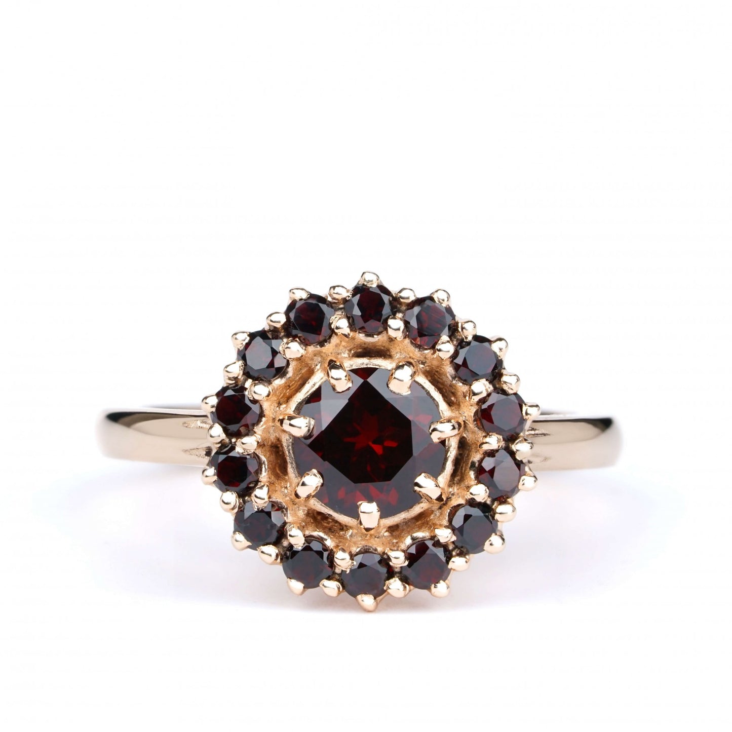 Fiery Allure ring crafted in red 14K gold featuring a 5mm garnet centerpiece and 13 accent garnets, exuding elegance and passion.