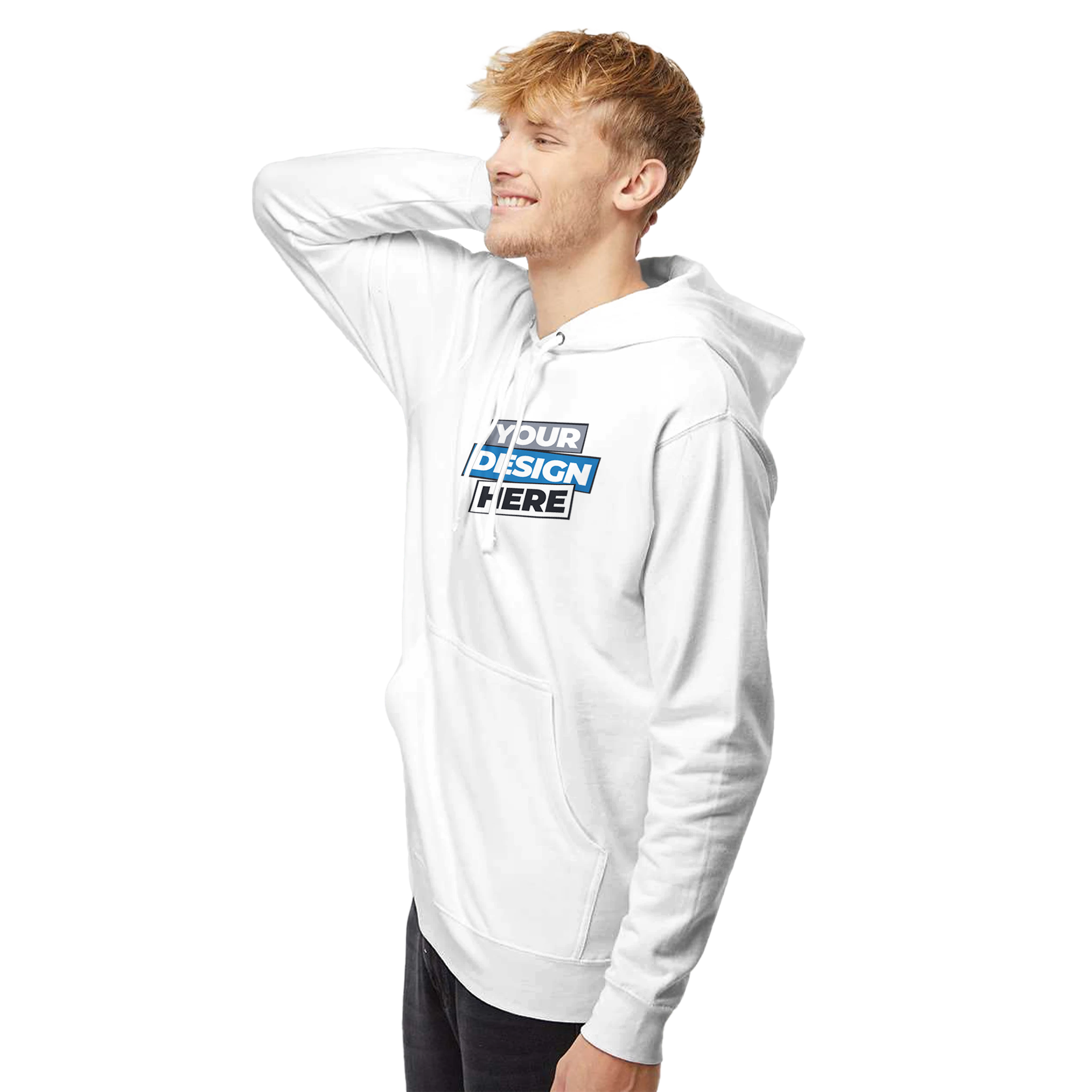 White midweight hoodie with "Your Design Here" text, worn by a smiling individual, showcasing its classic fit and comfortable style.