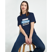 Woman wearing a customizable Zalmera cotton t-shirt with 'Your Design Here' print, showcasing its semi-fitted style and comfort.
