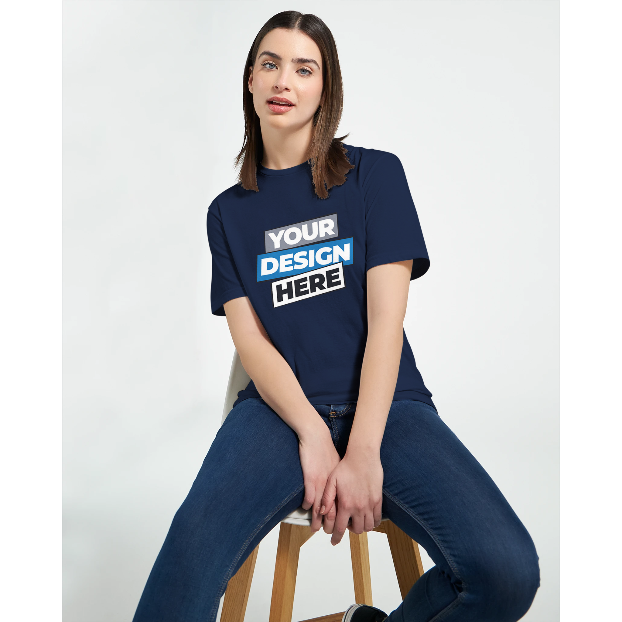 Woman wearing a customizable Zalmera cotton t-shirt with 'Your Design Here' print, showcasing its semi-fitted style and comfort.