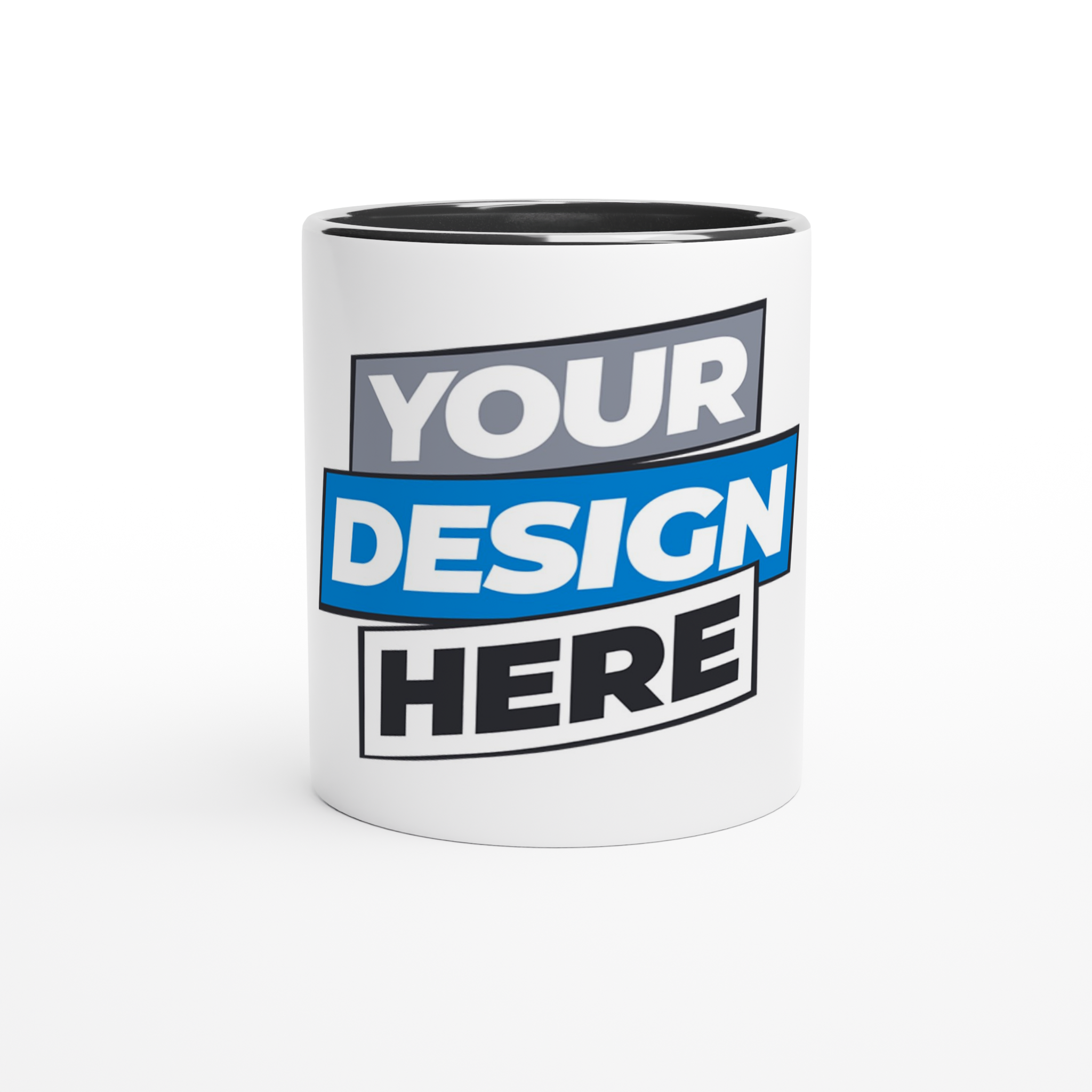 Customizable ceramic mug with color accent, featuring "Your Design Here" text, perfect for print on demand gifts.