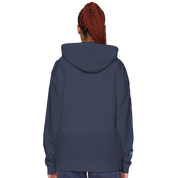 Back view of person wearing navy Elmoré Premium Pullover Hoodie with hood up and hands in pockets, showcasing shrink-resistant fabric.