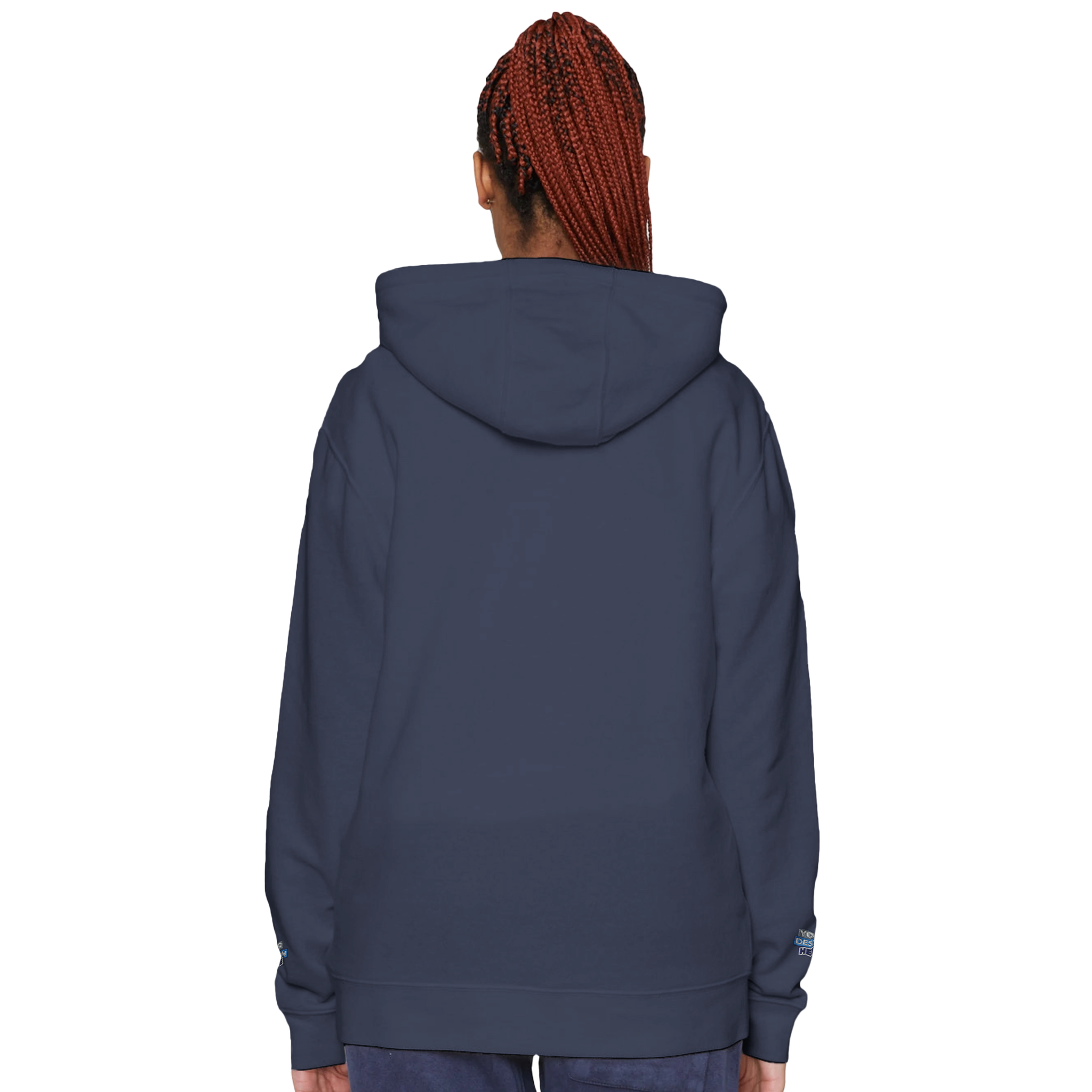 Back view of person wearing navy Elmoré Premium Pullover Hoodie with hood up and hands in pockets, showcasing shrink-resistant fabric.