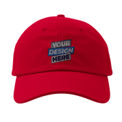 Red fitted baseball cap Flexfit 6277 with customizable front embroidery showcasing 'Your Design Here' text, athletic shape, curved visor.