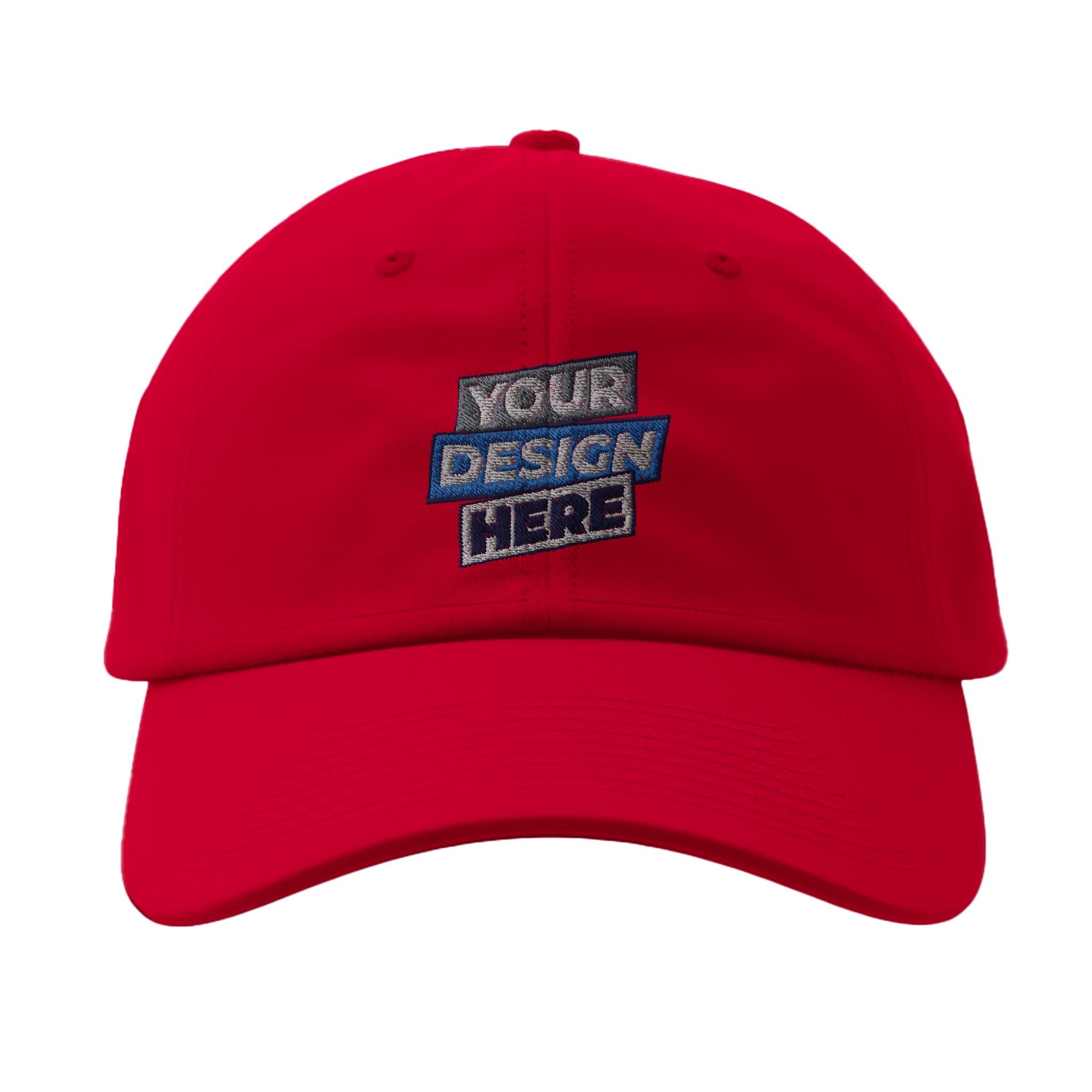 Red fitted baseball cap Flexfit 6277 with customizable front embroidery showcasing 'Your Design Here' text, athletic shape, curved visor.