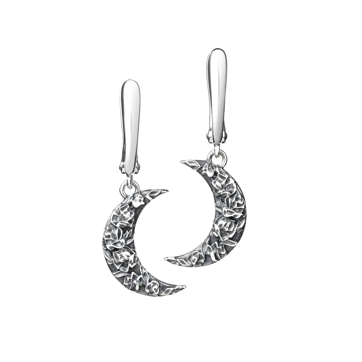 Sterling silver crescent earrings with textured design capturing the beauty of a rose under a night sky, "Midnight Rose" collection.