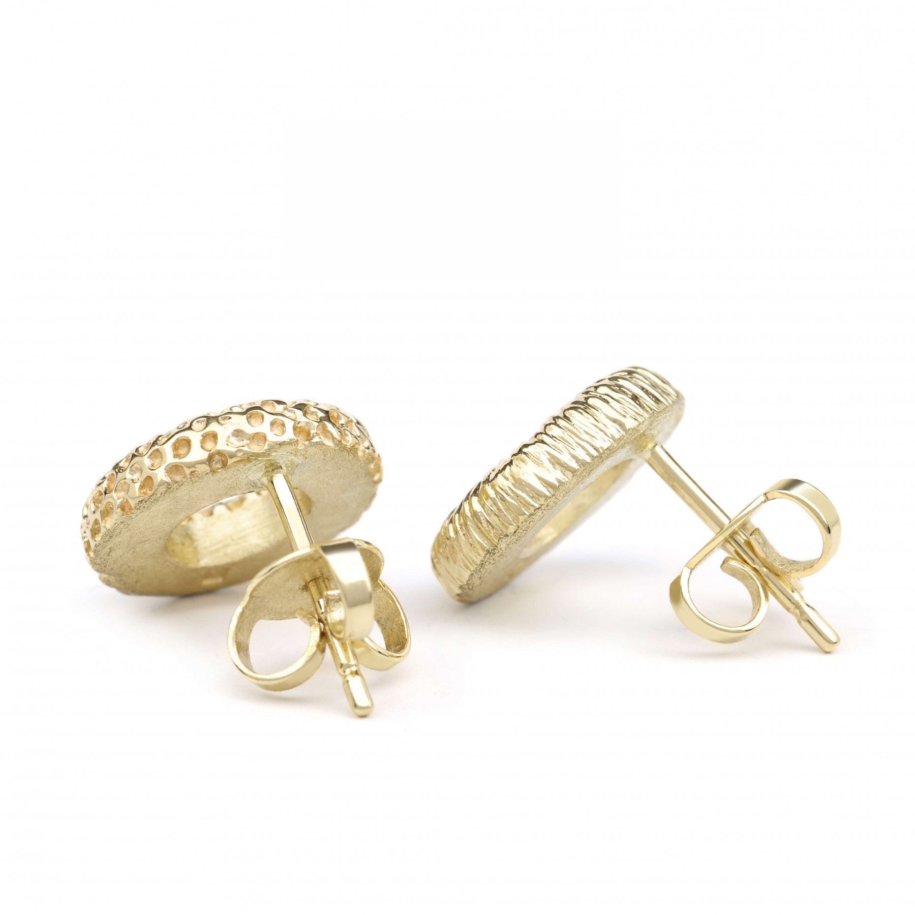 Golden stud earrings "Celestial Glow" with textured surface and post, handcrafted in 14K gold.