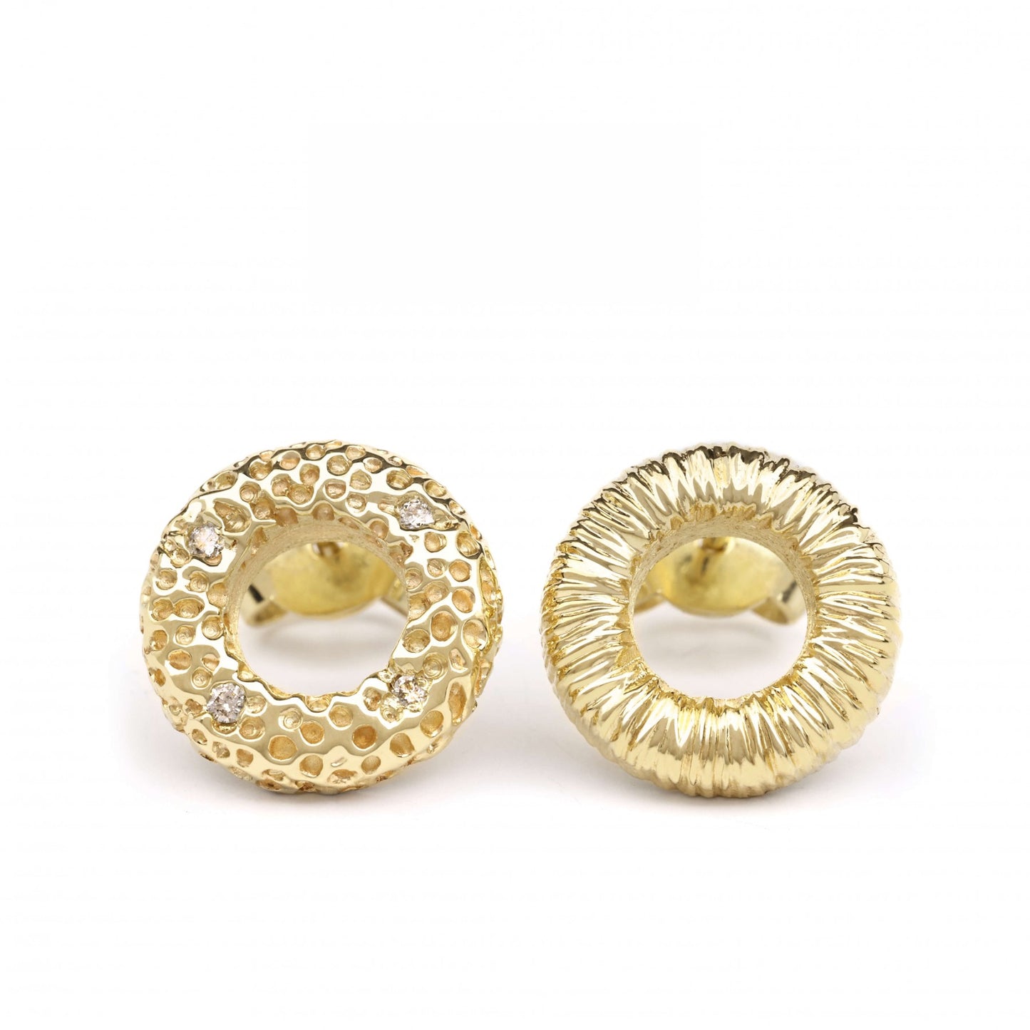 Golden Stud Earrings "Celestial Glow" with textured design, 14K yellow gold, and dazzling diamond accents.