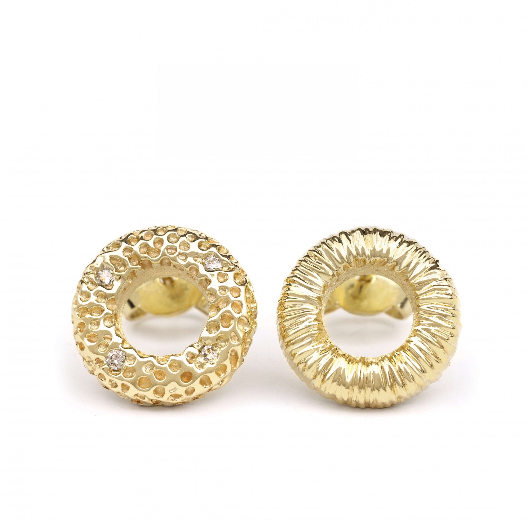 Golden Stud Earrings "Celestial Glow" with textured design, 14K yellow gold, and dazzling diamond accents.