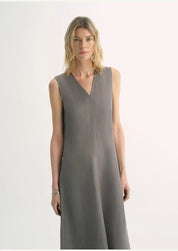 Aurevae Cupro-Linen A-Line Dress in gray with V-neck and sleeveless design, featuring a breathable mid-calf A-line silhouette and smooth finish.
