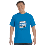 Man wearing blue Durmor heavyweight t-shirt with custom design text "Your Design Here" and "Sample text" on the front.