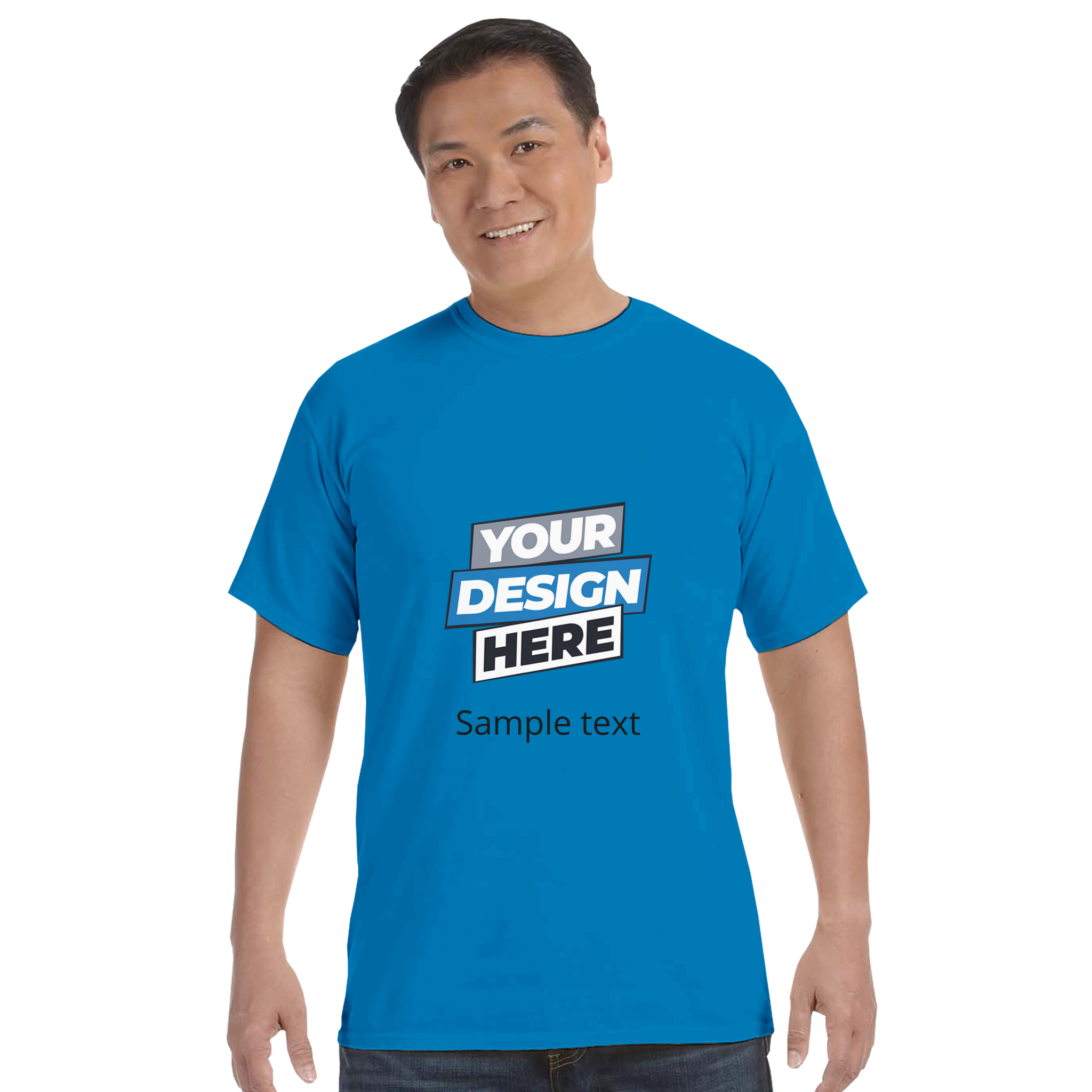 Man wearing blue Durmor heavyweight t-shirt with custom design text "Your Design Here" and "Sample text" on the front.