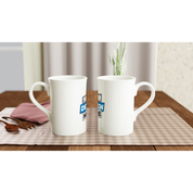Slim white porcelain mugs 10oz with custom design, on wooden table with checkered cloth, next to cutlery and napkin.