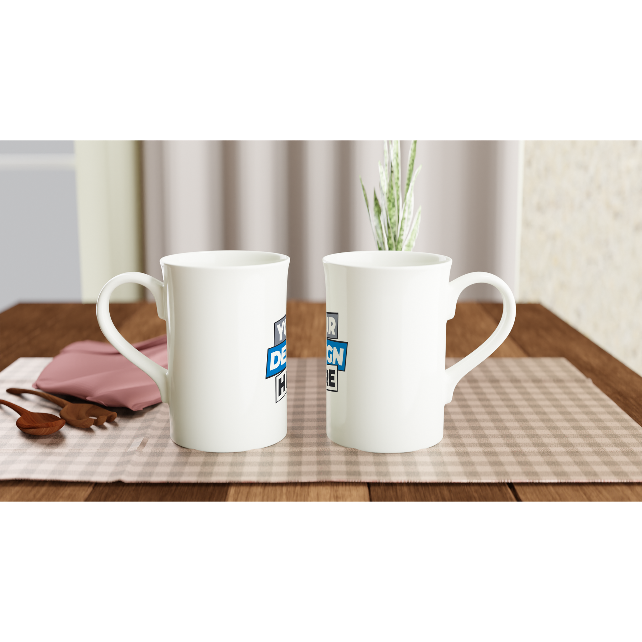 Slim white porcelain mugs 10oz with custom design, on wooden table with checkered cloth, next to cutlery and napkin.