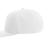 White flat bill cap with high-profile five-panel design, featuring snapback closure and sewn eyelets for breathability.