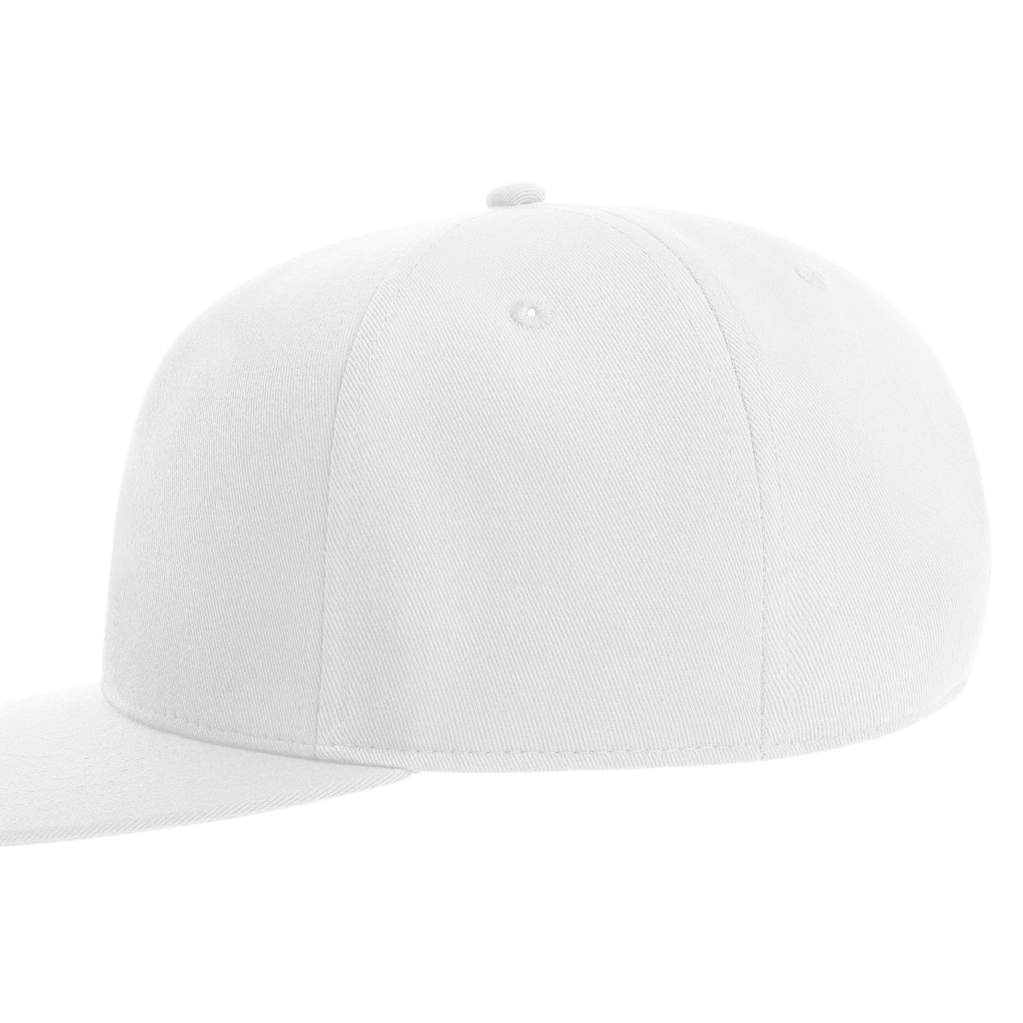 White flat bill cap with high-profile five-panel design, featuring snapback closure and sewn eyelets for breathability.