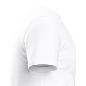 Side view of white Durmor heavyweight t-shirt made from 100% US-grown ring-spun cotton, showcasing sleeve and shoulder details.