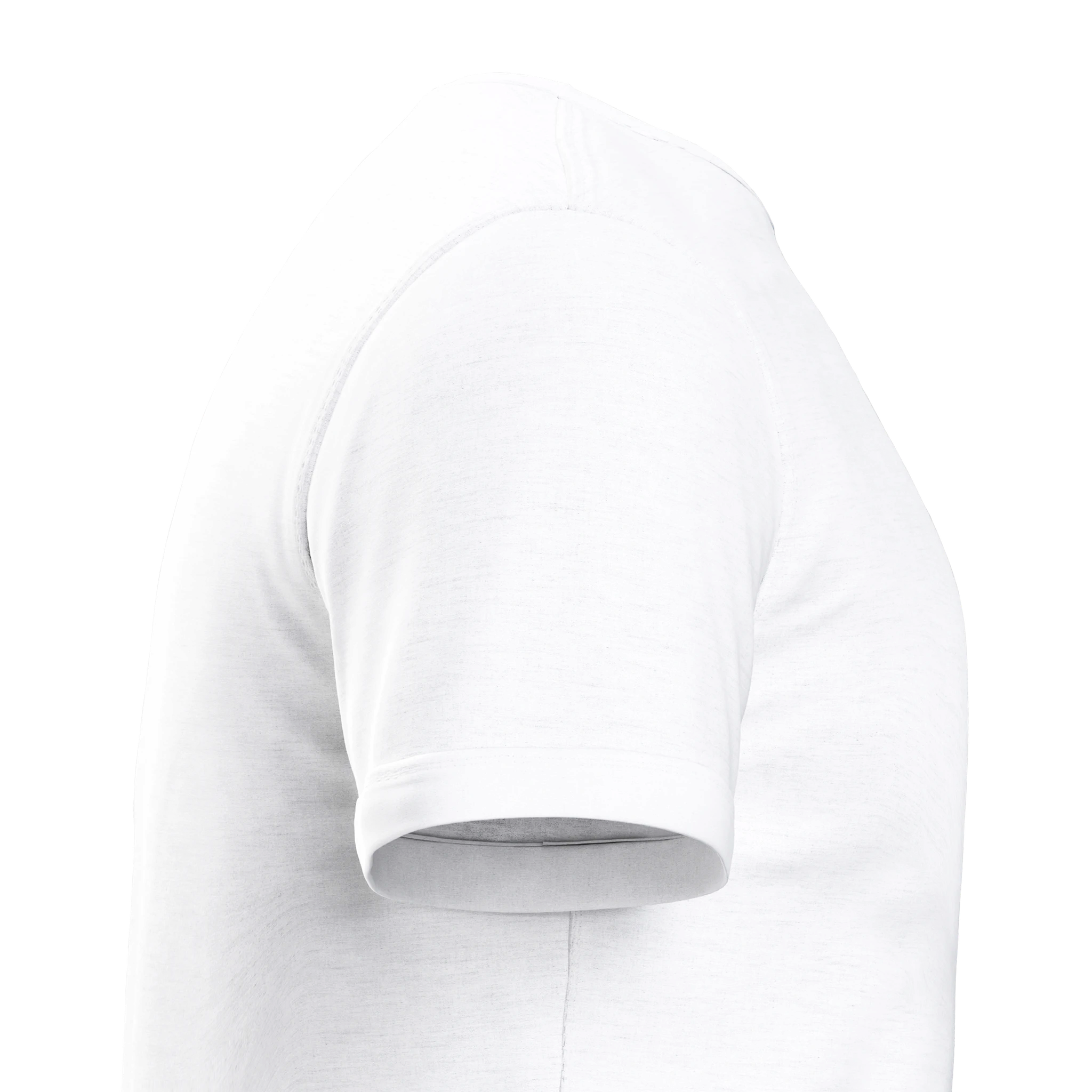 Side view of white Durmor heavyweight t-shirt made from 100% US-grown ring-spun cotton, showcasing sleeve and shoulder details.