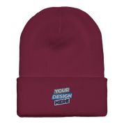 Henthor cuffed beanie, burgundy, featuring customizable embroidery design, crafted from dense acrylic for warmth and comfort.