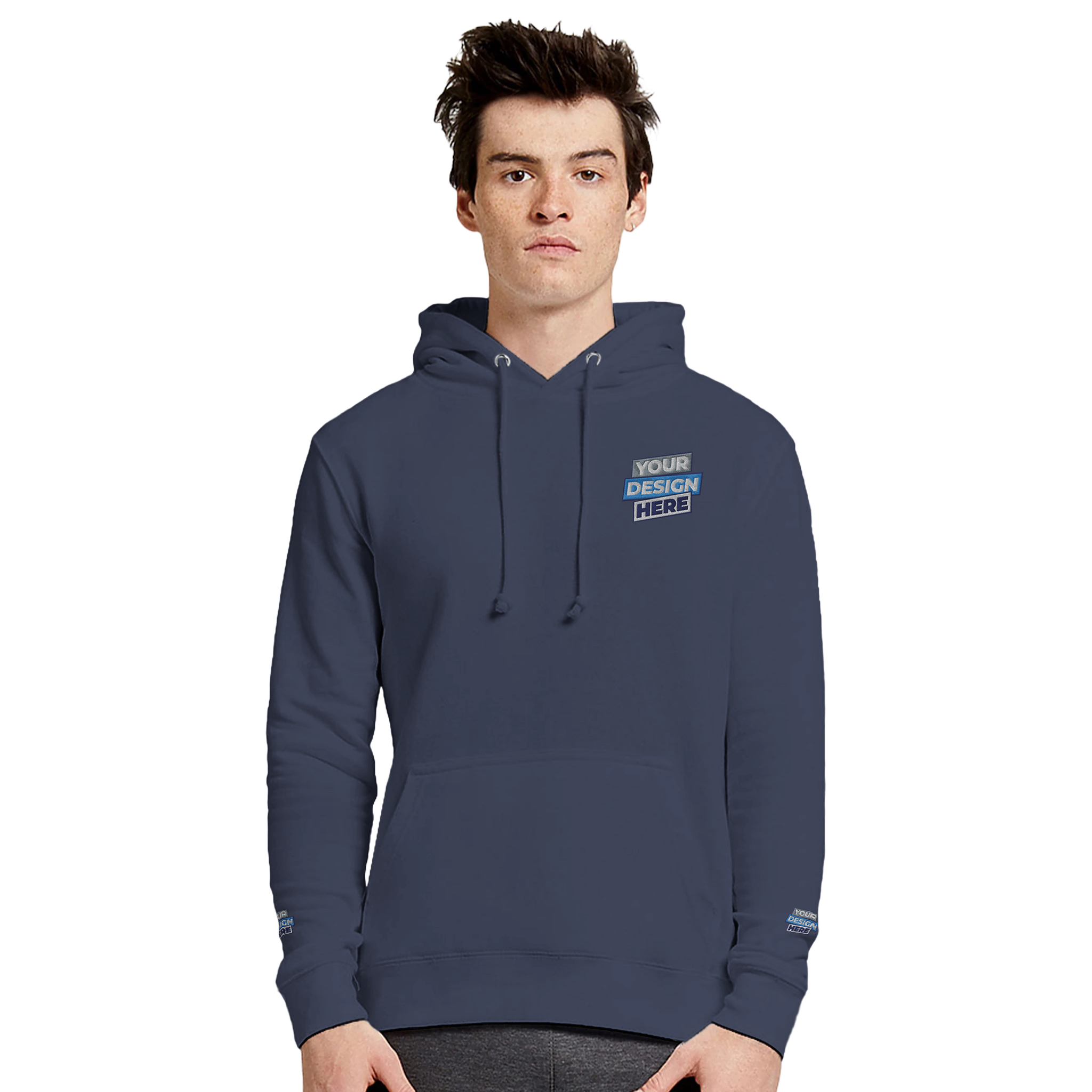 Elmoré Premium Pullover Hoodie with custom design, featuring mid-weight shrink-resistant fabric and a three-panel hood, shown on a model.