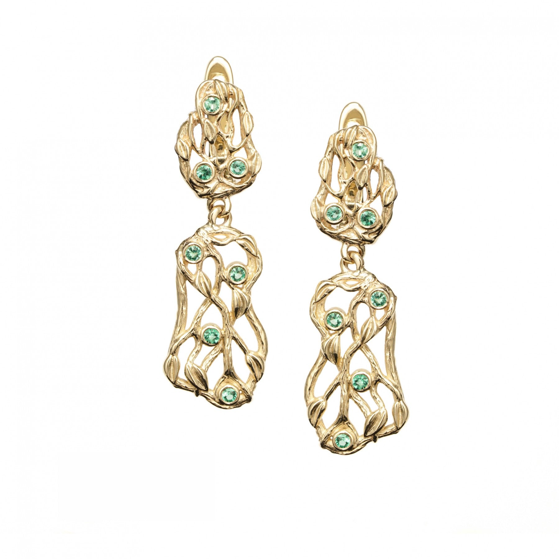 Elegant Forest Whisper earrings in yellow gold with emeralds, featuring a dynamic design inspired by nature’s grace.