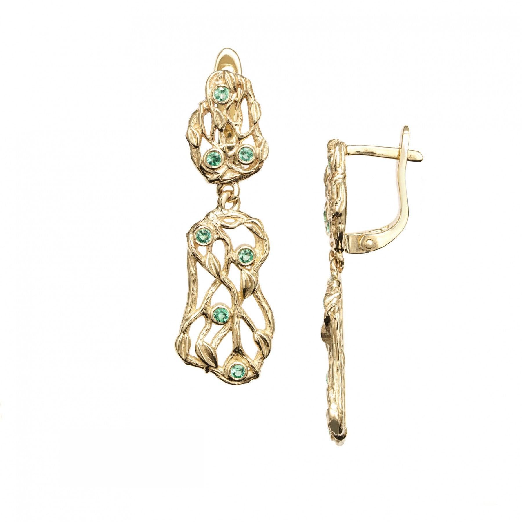 Yellow gold earrings with emerald gemstones, Forest Whisper design, featuring a movable lower section for dynamic elegance.