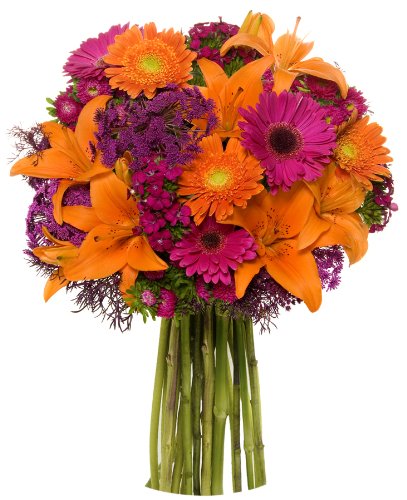 Vibrant spring bouquet with orange gerbera daisies, hot pink lilies, and matsumoto asters - perfect for special occasions.