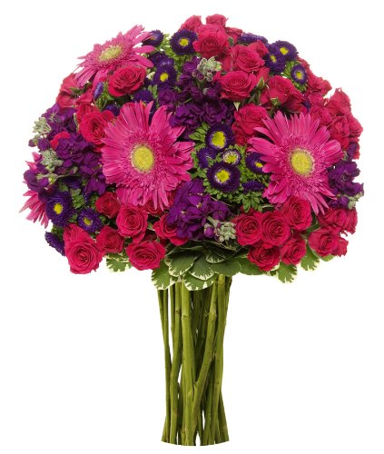 Vibrant bouquet with spray roses, gerbera daisies, and matsumoto asters - 18 stems of colorful blooms to brighten any day.