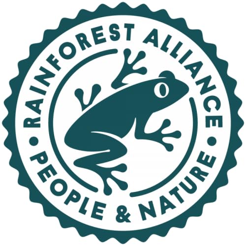 Rainforest Alliance Certified seal with a frog logo, promoting sustainable farming practices and commitment to people and nature.