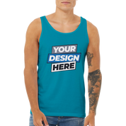 Person wearing Calvoro cotton tank with 'Your Design Here' print, showcasing custom print space on soft, breathable fabric.