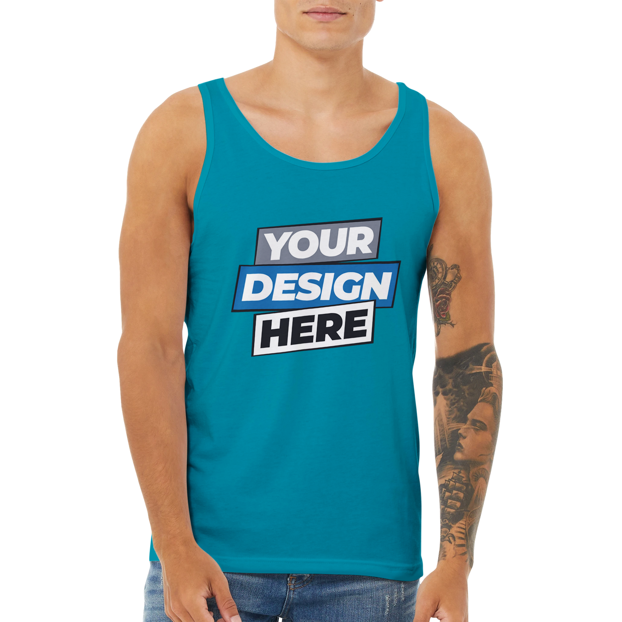 Person wearing Calvoro cotton tank with 'Your Design Here' print, showcasing custom print space on soft, breathable fabric.