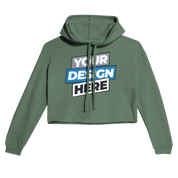 Sage green Elowen cropped hoodie with customizable front design, featuring raw hem, drawcord hood, and soft fleece fabric. Ideal for layering.