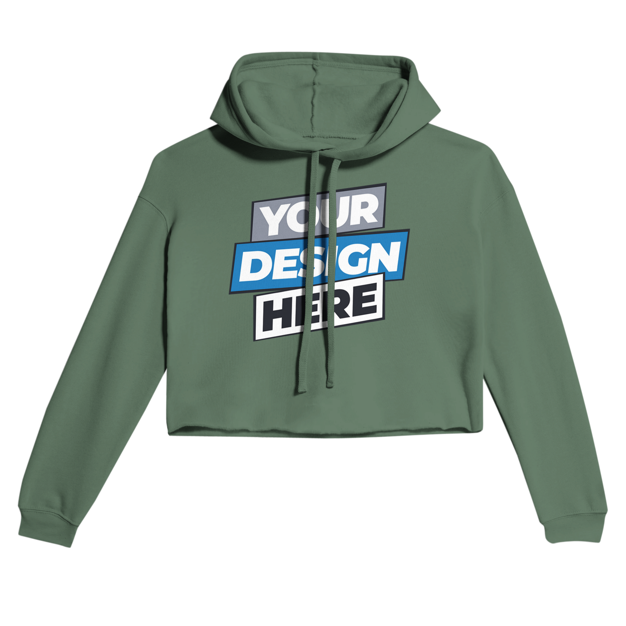 Sage green Elowen cropped hoodie with customizable front design, featuring raw hem, drawcord hood, and soft fleece fabric. Ideal for layering.