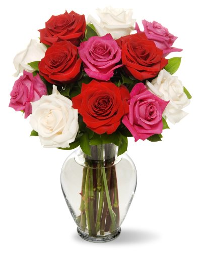 Romantic bouquet of 12 long-stemmed roses in red, pink, and white in a clear vase, perfect for expressing love and affection.