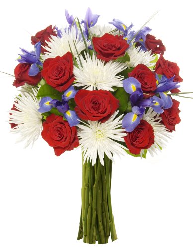 Patriotic bouquet with red roses, white spider mums, and blue irises for celebrating American pride without a vase.