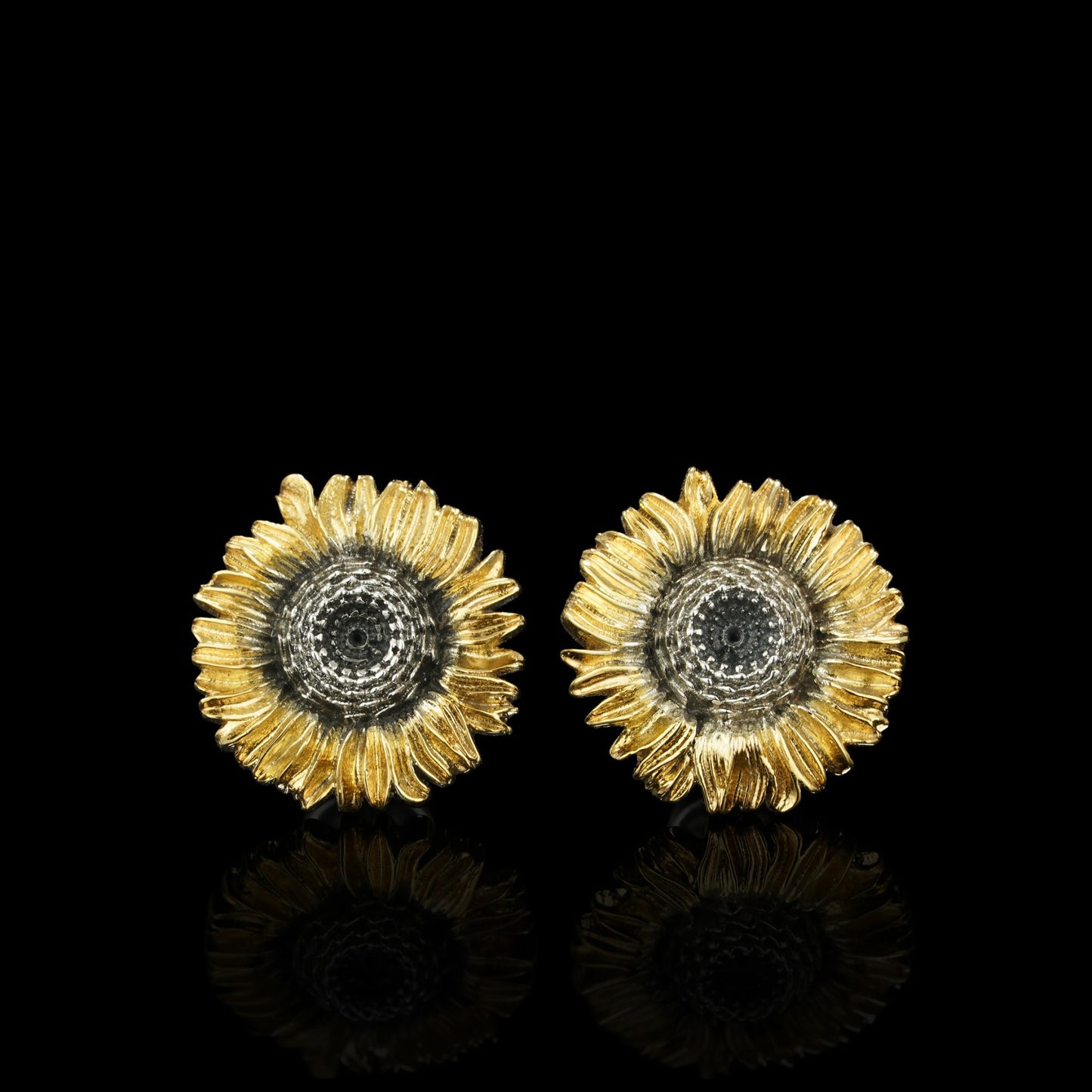 Sterling silver sunflower earrings with gilding, "Flowers of the Sun" design, showcasing nature-inspired elegance and charm.