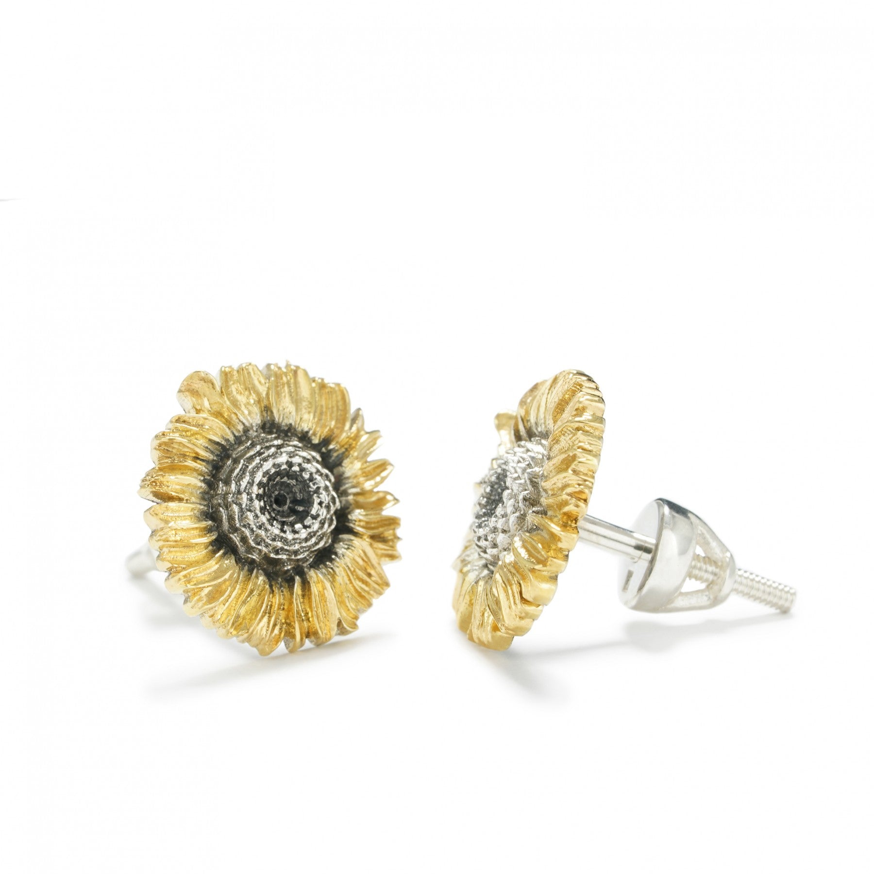 Sterling silver sunflower earrings with gilding, nature-inspired design.