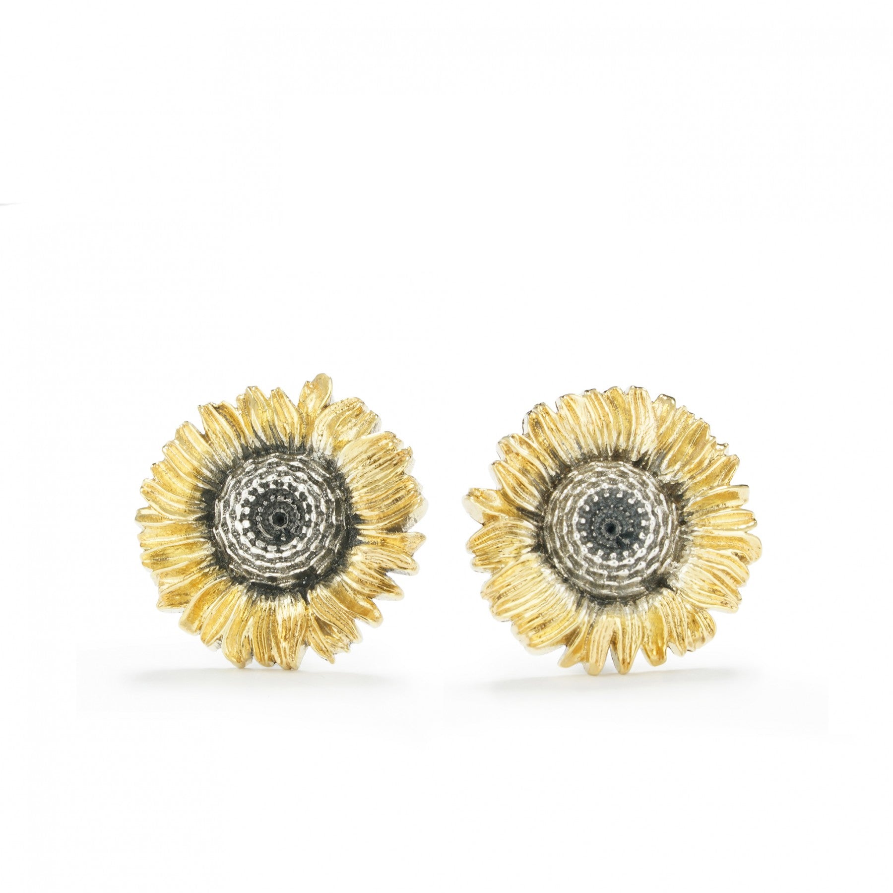 Sterling silver sunflower earrings with gold details, nature-inspired design, lightweight and handmade.