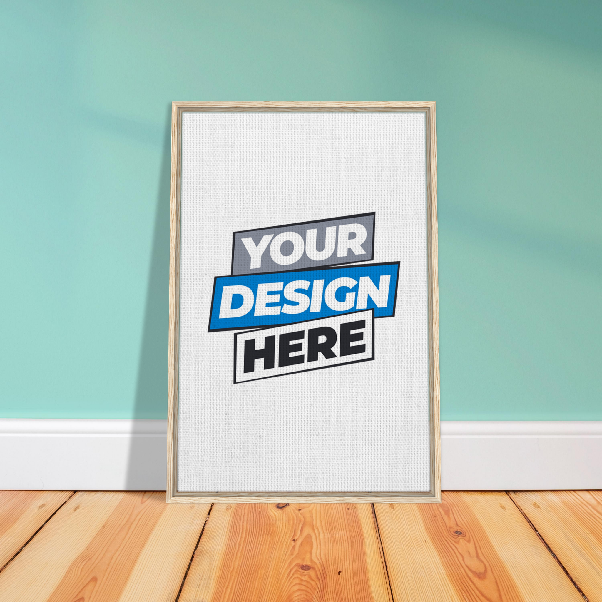 Framed canvas print with customizable design option, displayed on a wooden floor against a teal wall, promoting personalized art.