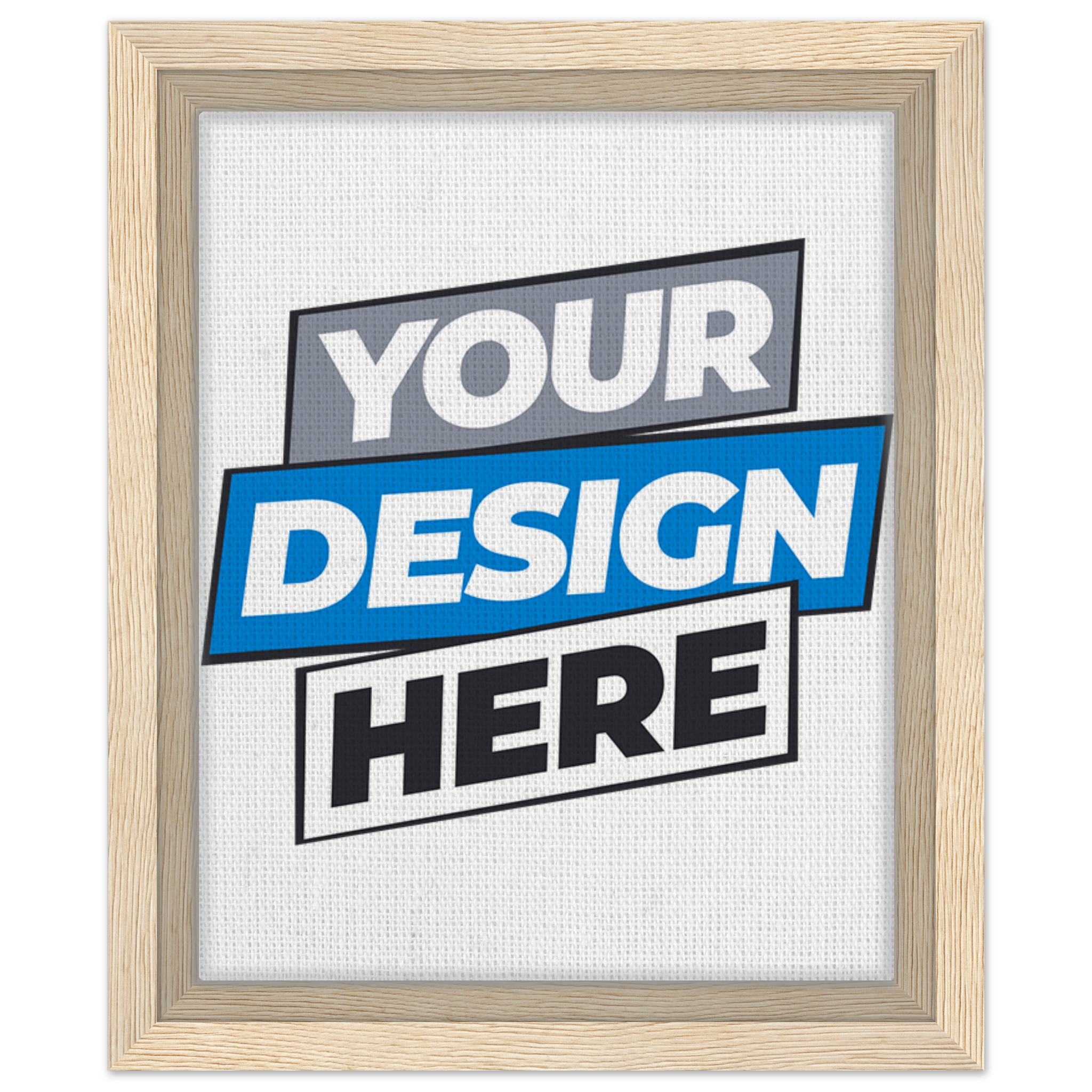 Custom framed canvas with text 'Your Design Here' in natural wood frame, suitable for personalized art displays.