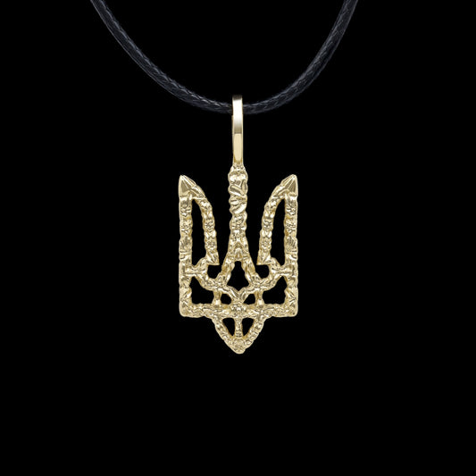 Handcrafted 14K Yellow Gold Ukrainian Trizub Pendant on Black Cord