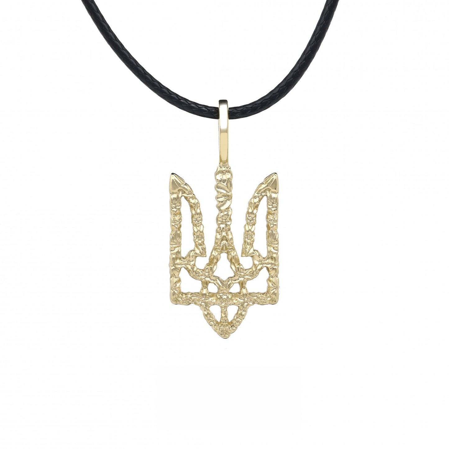 Handcrafted 14K yellow gold Ukrainian Trizub pendant on black cord necklace showcasing intricate design and cultural elegance.