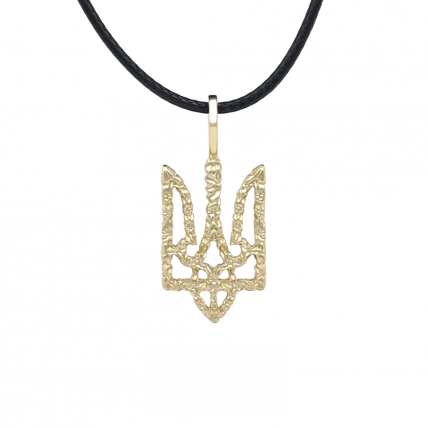 Handcrafted 14K yellow gold Ukrainian Trizub pendant on black cord necklace showcasing intricate design and cultural elegance.