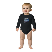 Baby wearing Serano Long Sleeve Bodysuit, black with custom print, soft cotton, lap shoulders, ideal for warm layering.