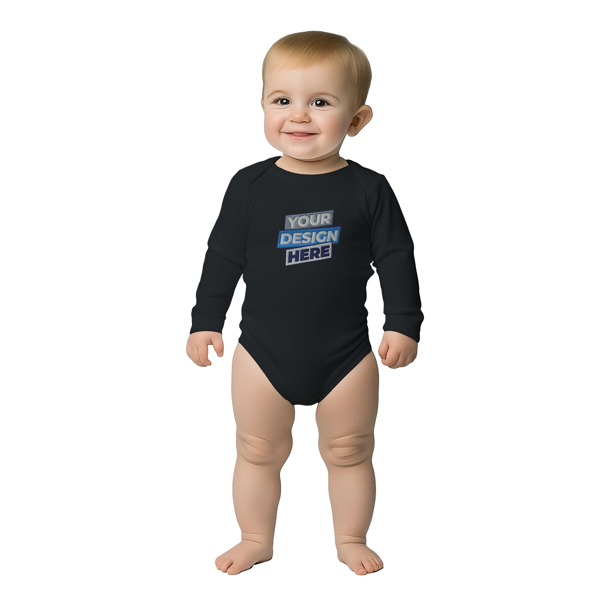 Baby wearing Serano Long Sleeve Bodysuit, black with custom print, soft cotton, lap shoulders, ideal for warm layering.